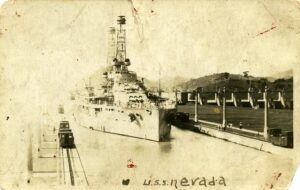 Photo postcard of the USS Nevada from 1920s on its way to Lima, Peru. 
