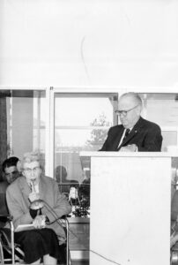 Dedication of Frazier Hall at UNLV in honor of Maude Frazier (seated). At the podium is Archie Grant, then Chairman of the Board of Regents.