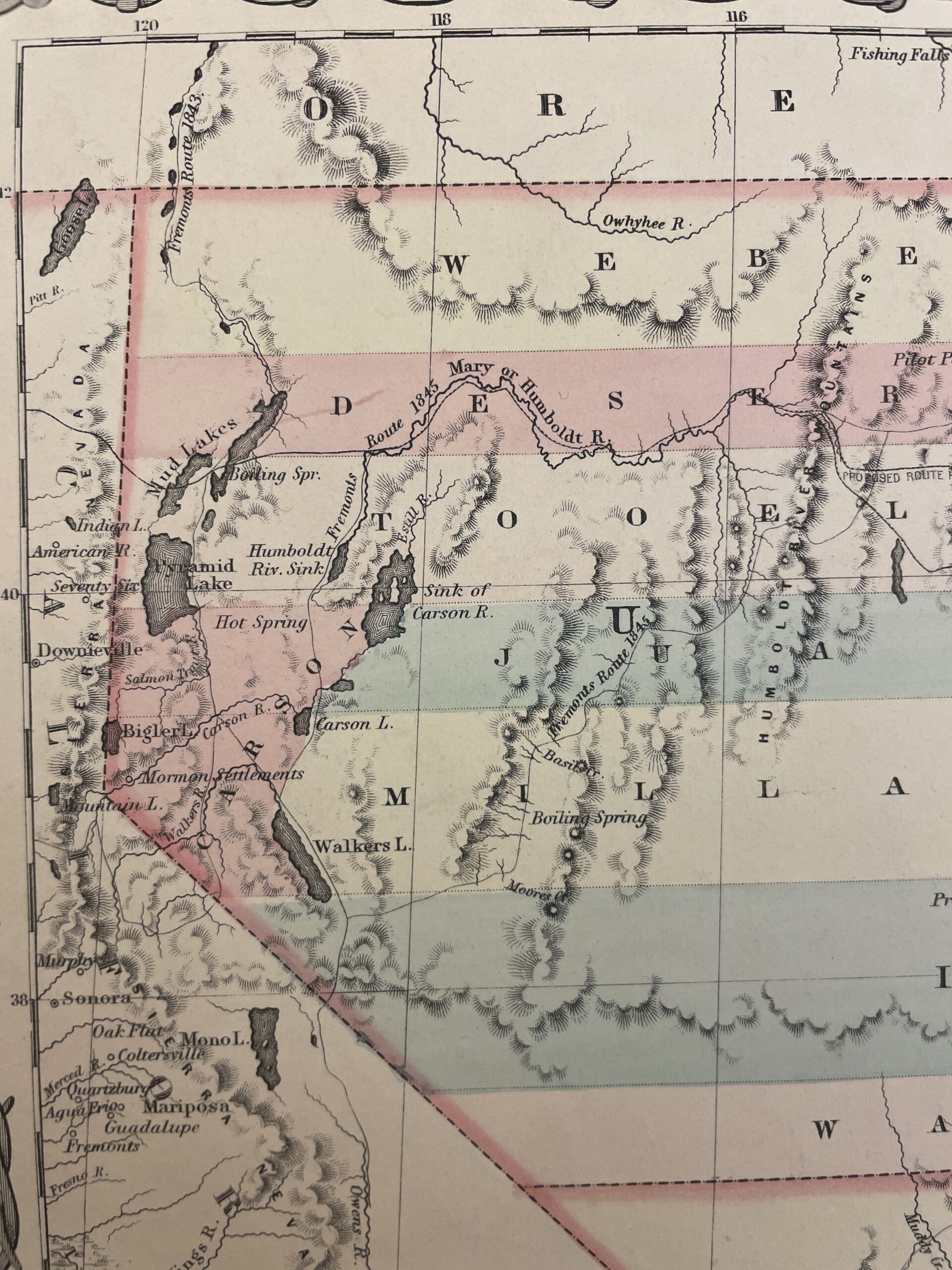Enlargement of Coltons 1855 map, featuring Fremont's 1844 Route
