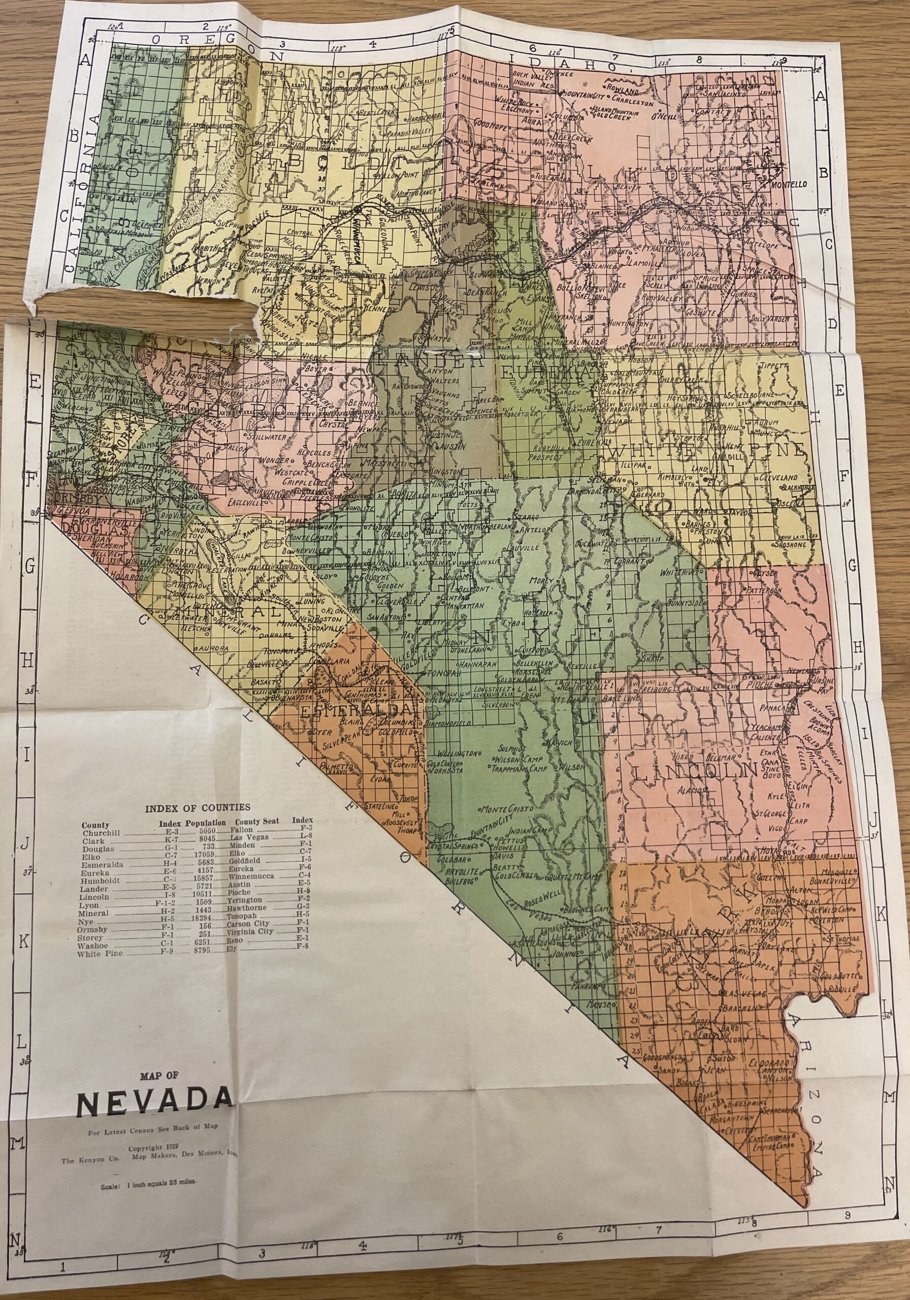1919 Kenyon’s Pocket Map of Nevada - when fully open