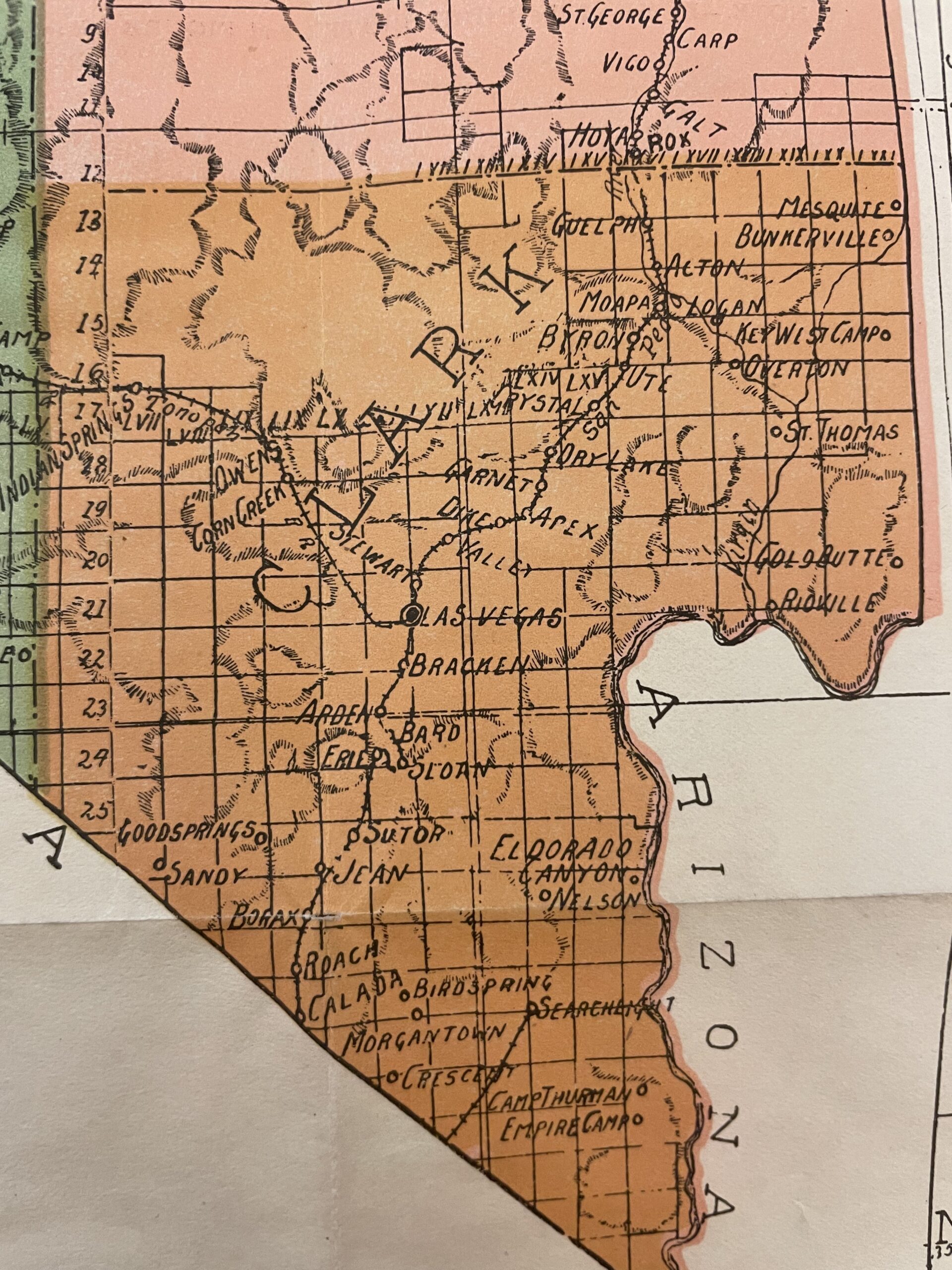 Detail of Clark County from 1919 Kenyon’s Pocket Map of Nevada