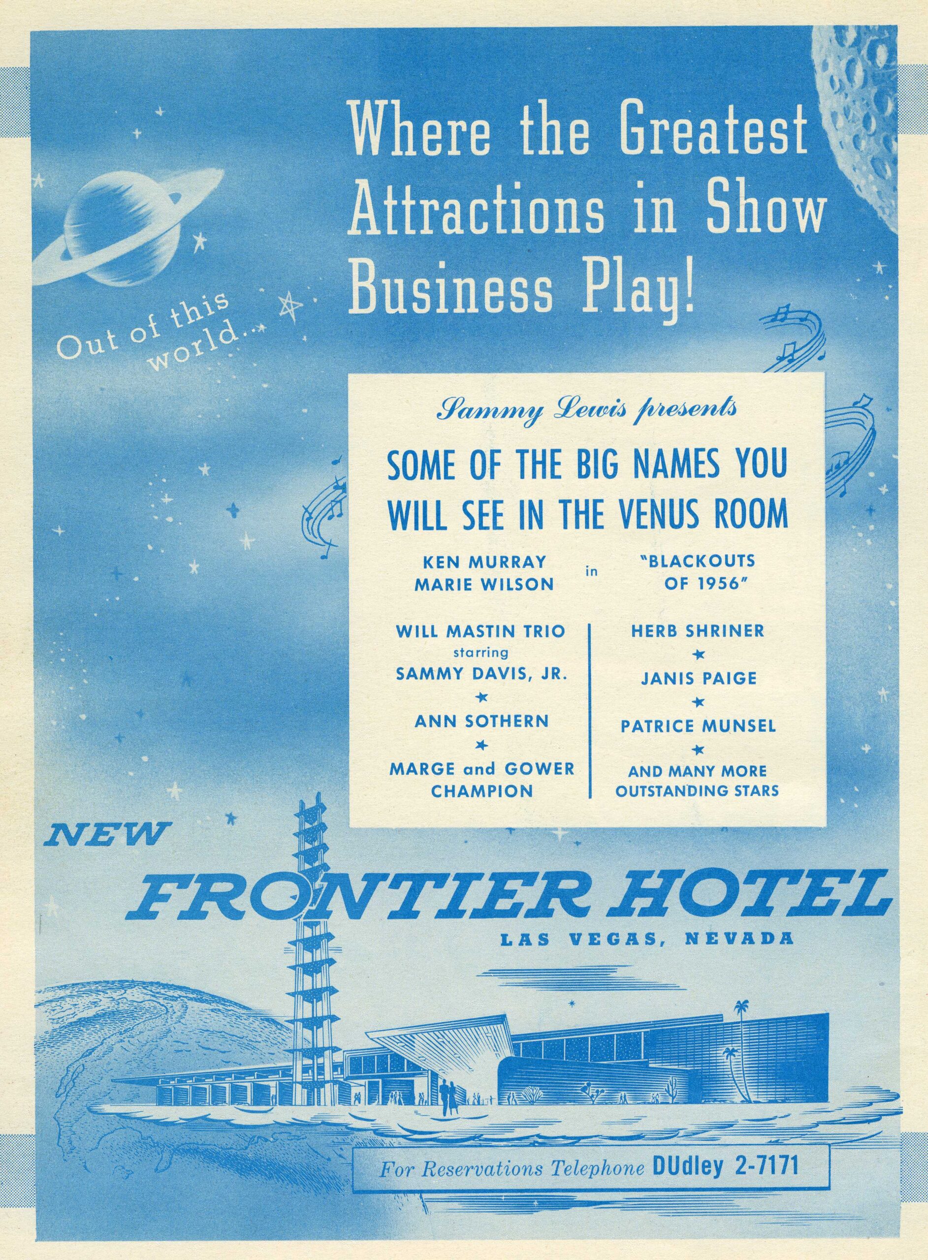New Frontier Hotel ad in 1956 city directory listing the stars that will perform there
