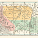 An old map showing the territories of Utah, New Mexico, and California, with state borders, major cities, and geographic features labeled. The map is colored in pink, yellow, and green sections.