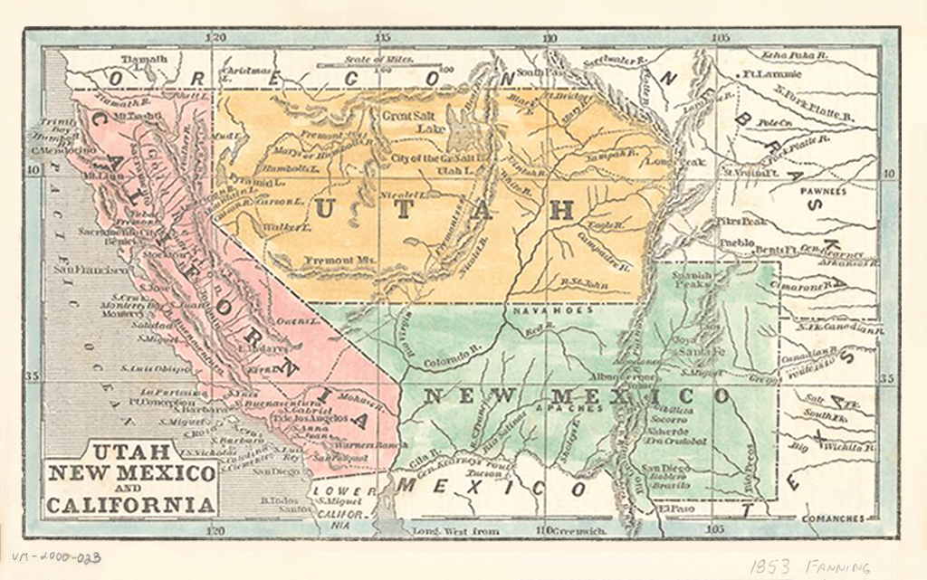 An old map showing the territories of Utah, New Mexico, and California, with state borders, major cities, and geographic features labeled. The map is colored in pink, yellow, and green sections.