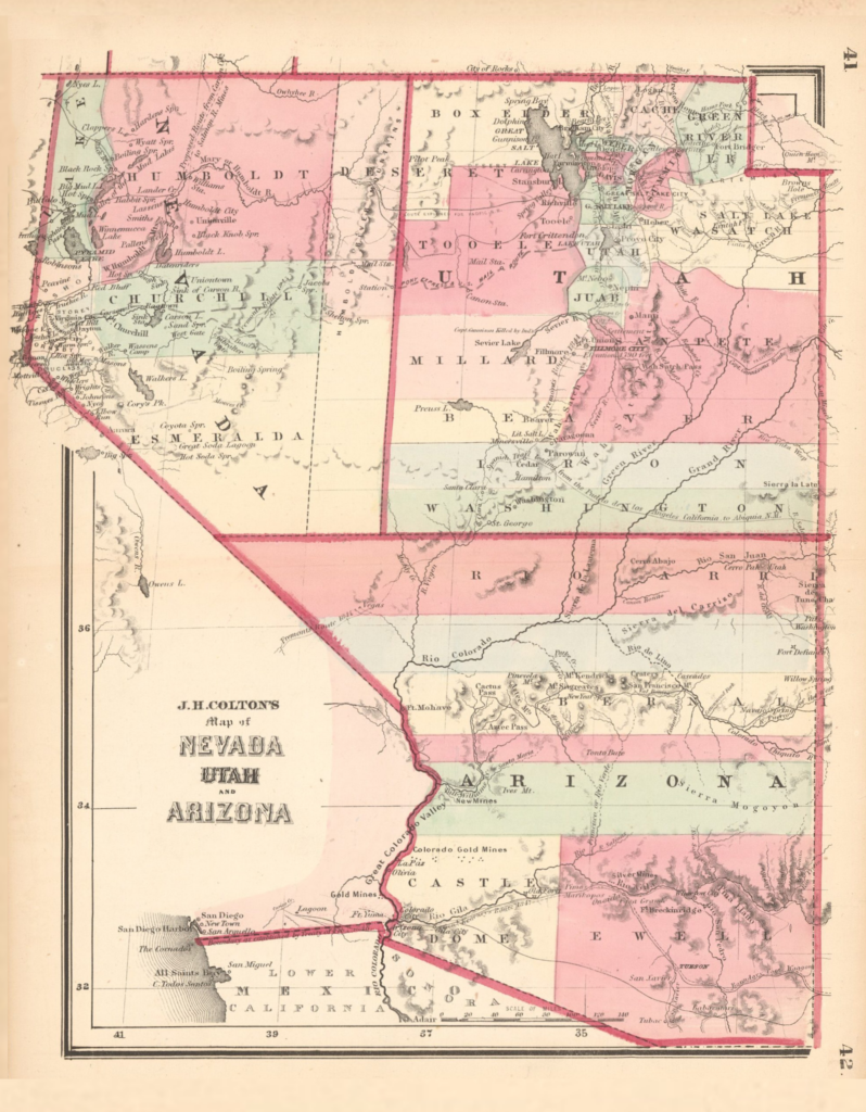 Antique map showing the territories of Nevada, Utah, and Arizona with colored sections, labeled towns, rivers, and geographic features. The title reads “J.H. Colton’s map of Nevada, Utah, and Arizona.”.