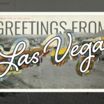 Vintage postcard-style image with bold, colorful text reading “Greetings from Las Vegas” over a faded black-and-white cityscape of Las Vegas, Nevada, with mountains in the background.