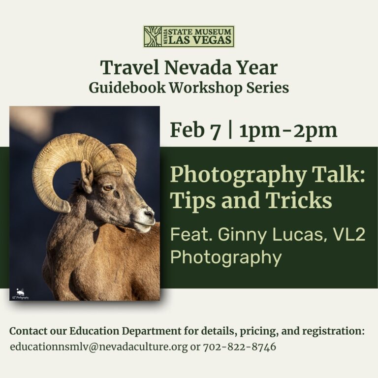 Travel Nevada Year Guidebook Workshop Series Photography Talk: Tips and Tricks Feb 7 | 1pm-2pm Feat. Ginny Lucas, VL2 Photography Contact our Education Department for details, pricing, and registration: educationnsmlv@nevadaculture.org or 702-822-8746