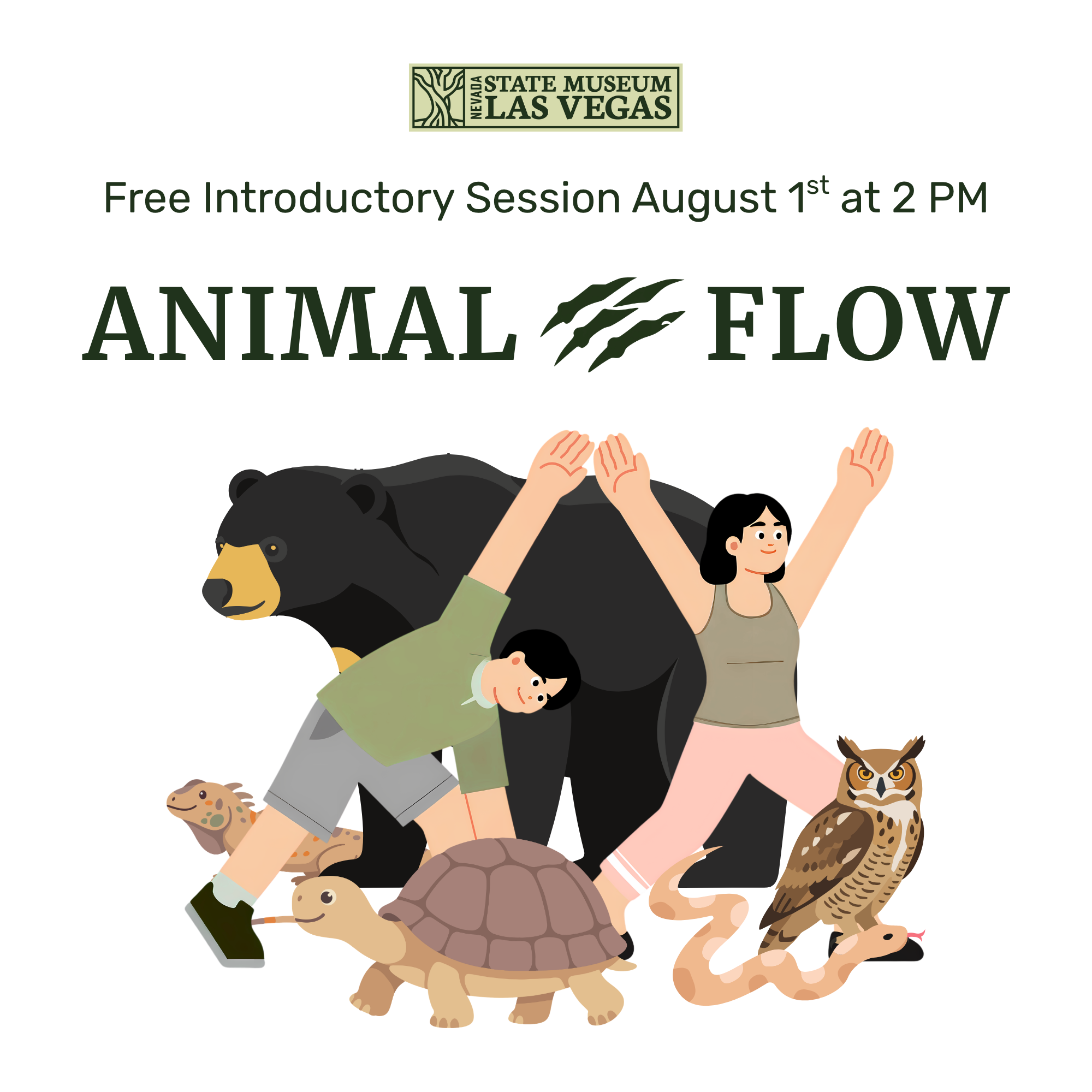 Illustration for an Animal Flow event at the State Museum of Las Vegas, showing two people exercising with a bear, turtle, tortoise, snake, and owl. Text invites to a free session on August 1st at 2 PM.