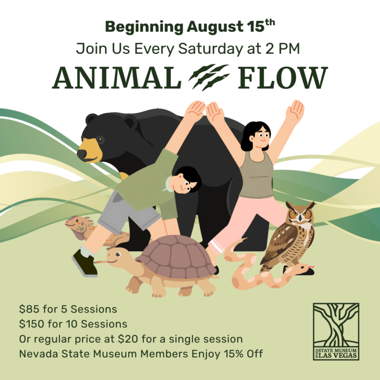 Illustration of two people posing with animal friends—a bear, tortoise, owl, and fox—promoting “Animal Flow” sessions at the Nevada State Museum Las Vegas, starting August 15, with pricing details and a 15% member discount.