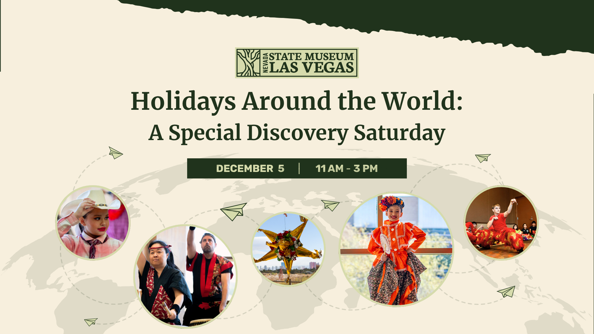 Event poster for Holidays Around the World at Las Vegas State Museum with photos of people in cultural attire, event date December 5, 11AM-3PM, and a world map background.